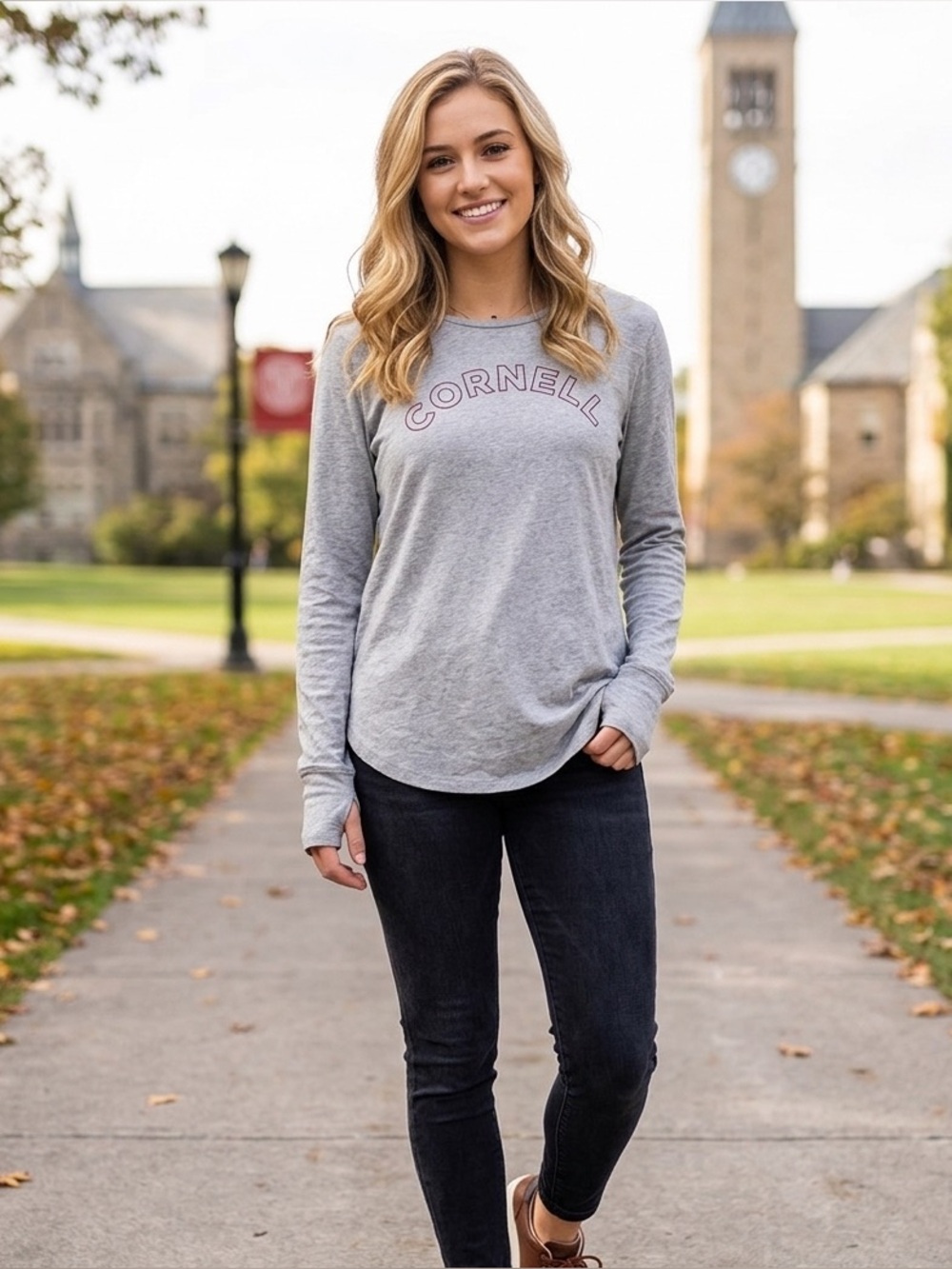 League Unwind Women Gray Long Sleeve  T-Shirt Cornel Tunic Thumb Hole Casual